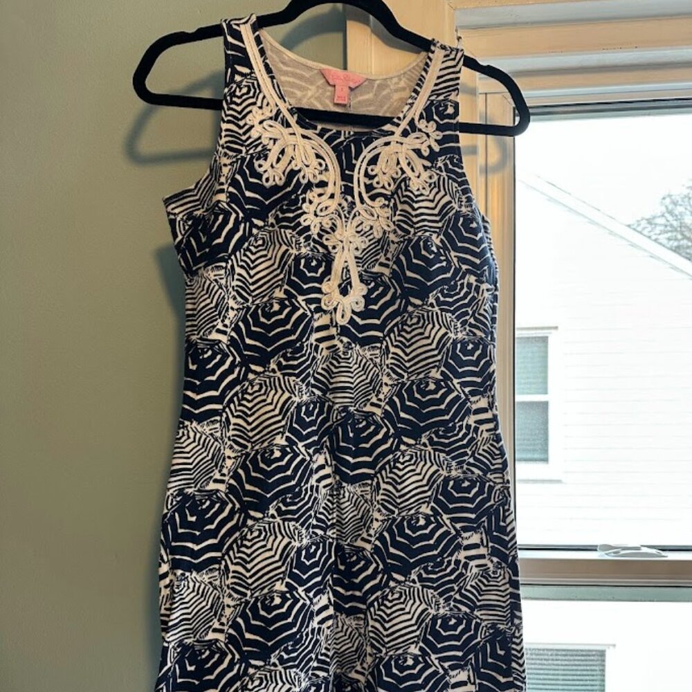 Lilly Pulitzer Foster Shift Dress “Oh Cabana Boy” Navy White EUC Size S Resort